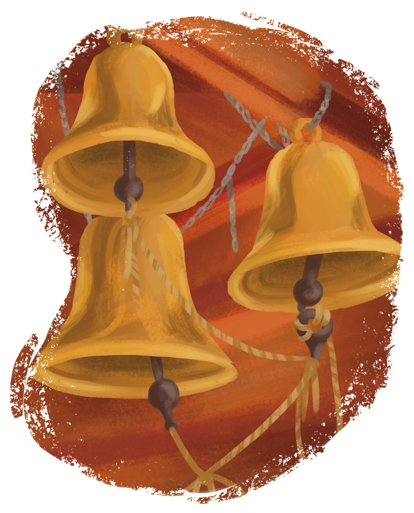 Ilustração. Três sinos amarelos estão suspensos em uma viga com cordas atadas aos badalos.