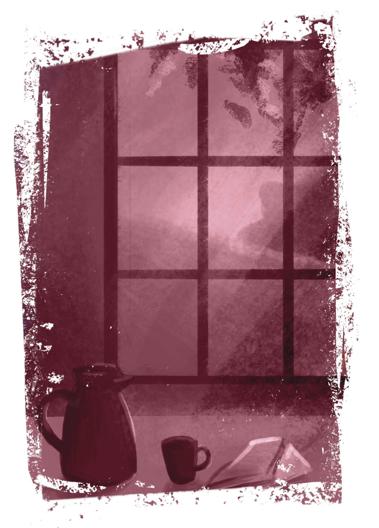 Ilustração em tons de sépia. Vista do interior de um ambiente. Centralizada, uma mesa com um garrafa térmica, uma xícara e alguns livros sobre ela. Ao fundo, uma janela envidraçada. Do lado de fora, ramos de uma árvore e paisagem natural montanhosa iluminada pelo sol.