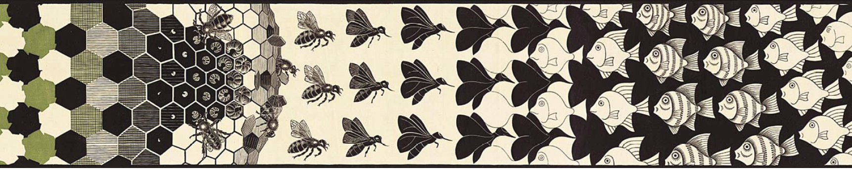 Xilogravura. Painel composto de quatro faixas horizontais com imagens que se conectam entre si. Da esquerda para a direita e de cima para baixo: Na segunda faixa, uma colmeia vai se transformando em abelhas, borboletas e pássaros, sucessivamente, todos seguindo na mesma direção. Do lado contrário, peixes podem ser vistos.