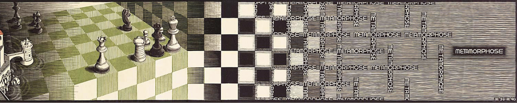 Xilogravura. Painel composto de quatro faixas horizontais com imagens que se conectam entre si. Da esquerda para a direita e de cima para baixo: Na quarta faixa, um jogo de xadrez se transforma em um quadriculado em preto e branco, do qual se formam novamente retângulos com a palavra METAMORPHOSE.