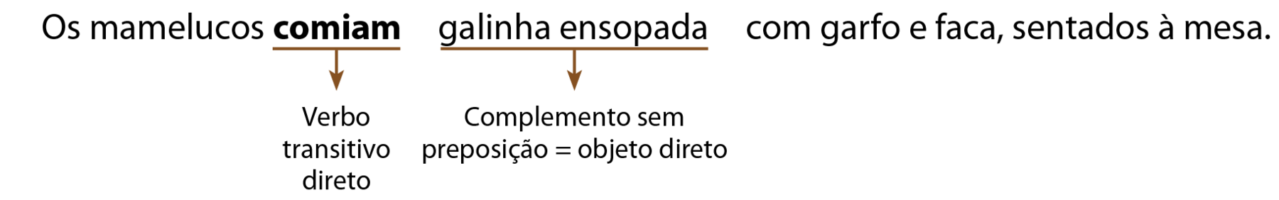 Esquema.
Os mamelucos comiam galinha ensopada com garfo e faca, sentados à mesa.

comiam: Verbo transitivo direto

galinha ensopada: Complemento sem preposição = objeto direto