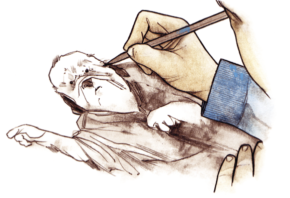 Ilustração. Destaque da mão de uma pessoa segurando o lápis sobre o desenho de um cachorro com orelhas caídas, usando quimono.