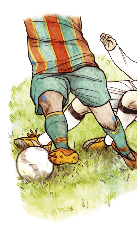 Ilustração. Destaque das pernas de dois homens uniformizados. Eles estão disputando uma bola de futebol em um campo verde.