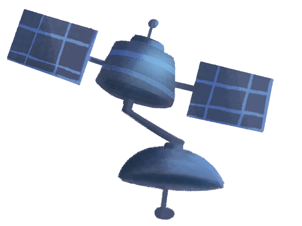 Ilustração. Satélite de telecomunicações com painéis de captação de energia solar e uma antena parabólica.