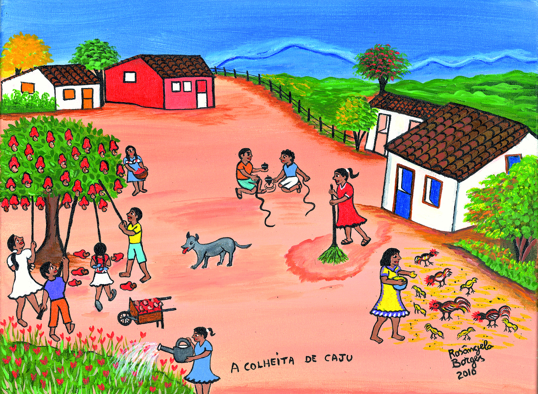 Pintura. O quadro explora as cores fortes e alegres e apresenta traços figurativos em um cenário bem detalhado. Retrata uma pequena vila rural durante a colheita do caju. À esquerda, quatro jovens usando roupas coloridas e descalços. Eles estão ao redor de uma árvore repleta de caju, segurando bastões com as mãos, com os braços estendidos para cima, na direção do caju. Atrás deles, um carrinho de mão cheio de cajus e um cachorro cinza. Ao lado, uma mulher usando vestido azul, segurando um regador com as mãos, rega uma plantação de flores. À direita, uma mulher usando vestido lilás e amarelo está segurando com as mãos uma tigela e jogando grãos de milho para algumas galinhas. Ao lado dela, uma mulher, usando vestido laranja e segurando uma vassoura com as mãos, varre o chão de terra vermelha batida. Ela está na frente de uma pequena casa branca com porta e janelas azuis. Do lado direito dela, dois meninos estão sentados e segurando piões com as mãos. E uma menina está segurando uma cesta com caju. Atrás dela, duas casas pequenas, uma vermelha e outra branca. No fundo, pasto, vegetação e céu azul.