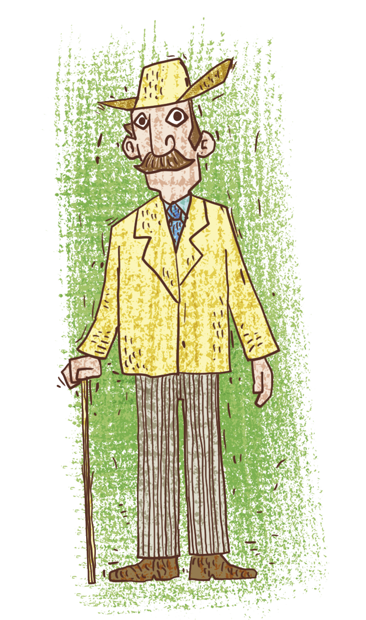 Ilustração. Representação do personagem Major Antônio, um homem de bigode, usando chapéu e terno. Ele está de pé segurando uma bengala com a mão direita.