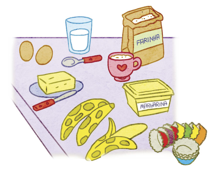 Ilustração. Uma mesa. Sobre ela: dois ovos, um pote de margarina, três bananas, forminhas coloridas de bolo, um tablete de manteiga sobre um prato, um saco de farinha, uma xícara, um copo com líquido branco, uma colher e uma espátula.