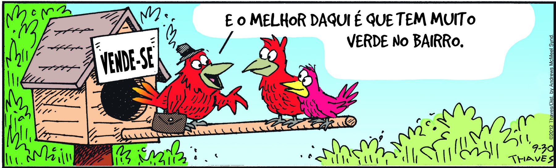 Tirinha. Em uma cena. Personagens: três pássaros vermelhos. À esquerda, uma casinha de passarinho com poleiro sustentada por um galho de árvore. Na frente da casa está fixada a placa VENDE-SE. Sobre o poleiro,  um passarinho usando chapéu e segurando uma maleta está olhando para dois passarinhos à sua frente. Ele diz: E O MELHOR DAQUI É QUE TEM MUITO VERDE NO BAIRRO. Á direita, outros dois passarinhos vermelhos estão no poleiro olhando para ele. Ao redor, copa de árvores e céu azul.