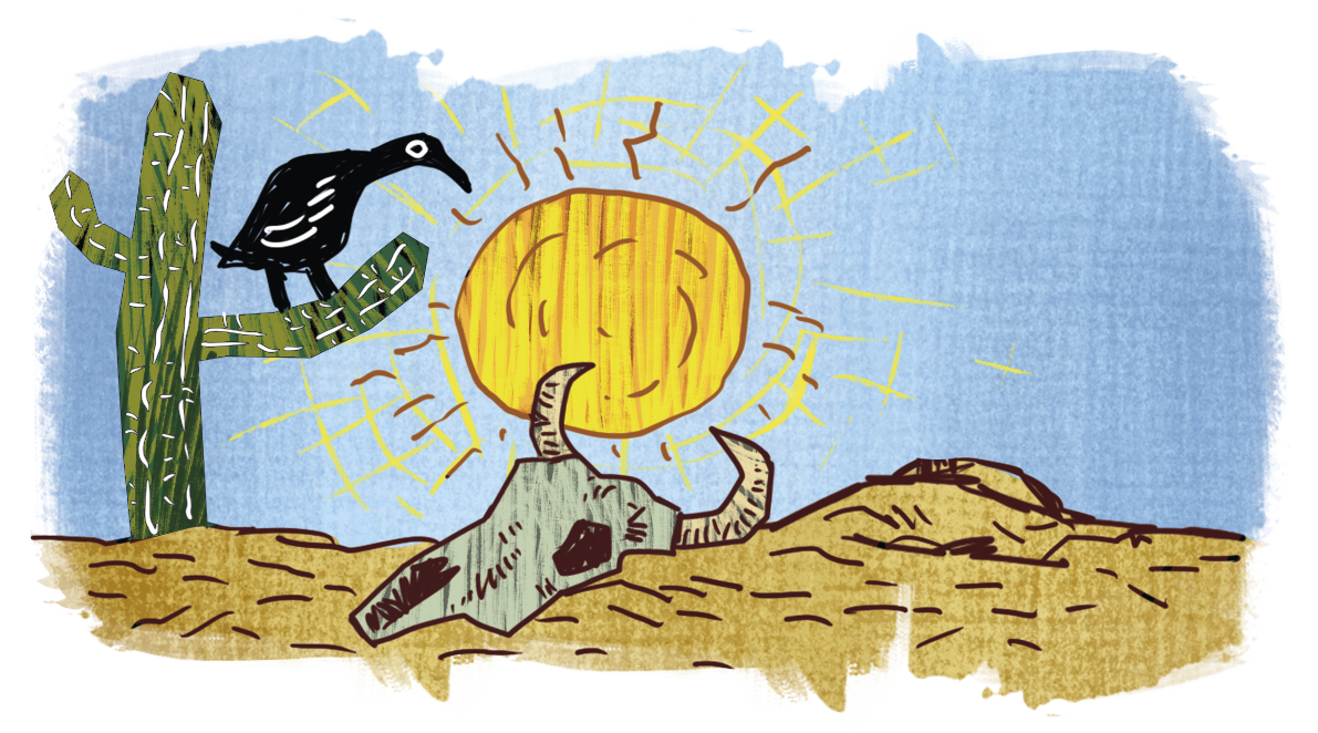 Ilustração. À esquerda, um urubu em cima de um cacto. Ao lado, ossada de uma cabeça de boi no chão de terra seca. Ao fundo, céu azul e um sol grande.