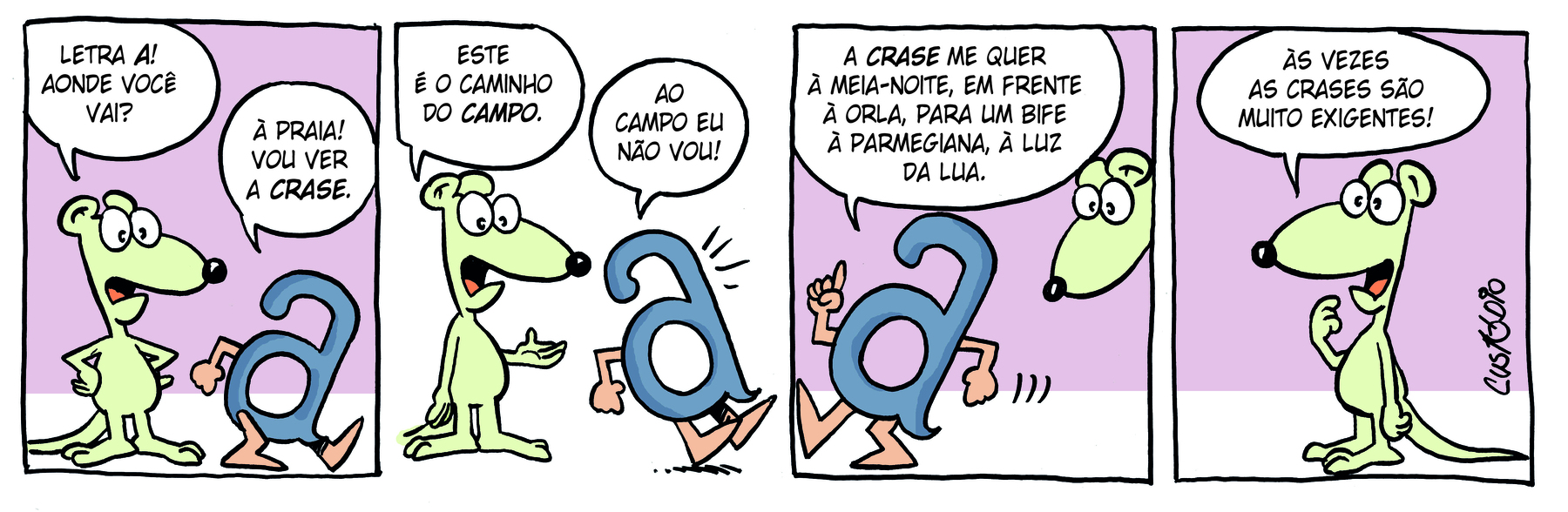 Tirinha. Em quatro cenas. Personagens: um rato verde-claro e uma letra 'a' minúscula com pernas e braços humanos. Cena 1. À esquerda, o rato está em pé com os braços semiflexionados e as mãos nos quadris, voltado para a letra a. À direita, a letra a está andando para a direita. O rato pergunta: LETRA A! AONDE VOCÊ VAI?', e a letra responde a ele: À PRAIA! VOU VER A CRASE. Cena 2. Ainda voltado para a  letra a e com a mão espalmada para cima, o rato diz: ESTE É O CAMINHO DO CAMPO. A letra a para e responde: AO CAMPO EU NÃO VOU!. Cena 3. Caminhando agora para a esquerda, a letra a, com ambos os braços flexionados, um deles para cima, apontando com o dedo indicador para o alto, diz: A CRASE ME QUER À MEIA-NOITE, EM FRENTE À ORLA, PARA UM BIFE À PARMEGIANA, À LUZ DA LUA. Ao lado, o rato a observa. Cena 4. Em pé com a mão em frente à boca aberta, em um gesto de reflexão, o rato conclui: ÀS VEZES AS CRASES SÃO MUITO EXIGENTES!.