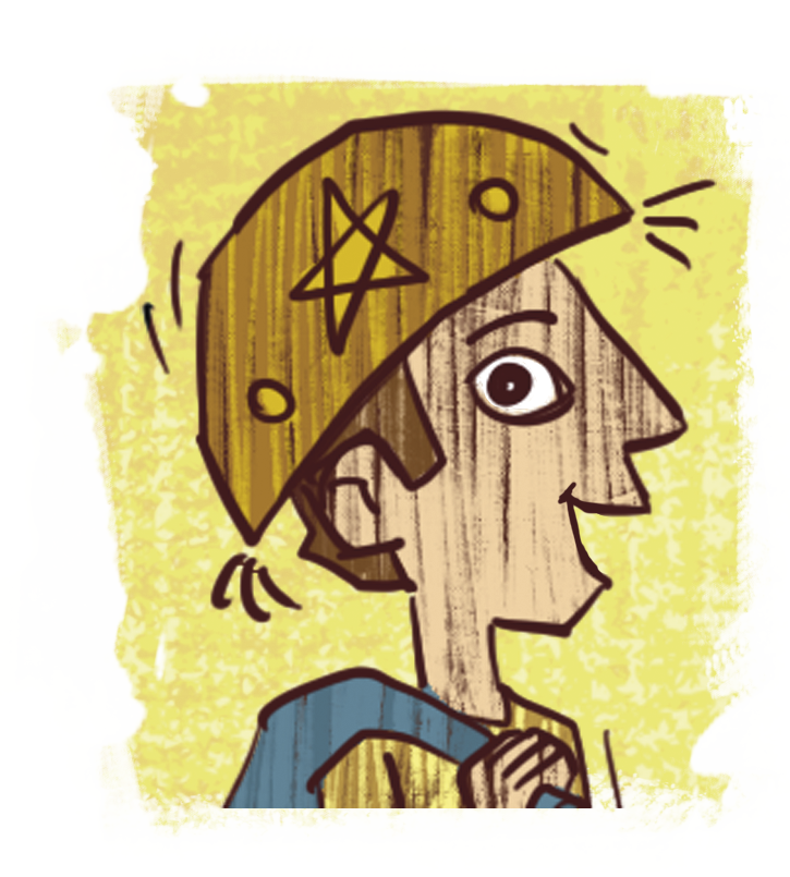 Ilustração. Retrato da representação do personagem João Grilo, um jovem de cabelos curtos castanhos, usando chapéu em formato de arco, com uma estrela no centro, segurando uma trouxa nas costas com a mão. Ele está de perfil e sorri.