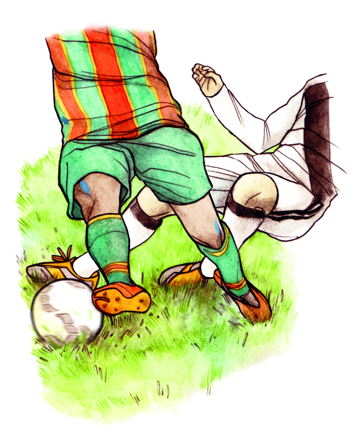 Ilustração. Destaque para as pernas de dois homens uniformizados driblando uma bola de futebol em um campo verde.