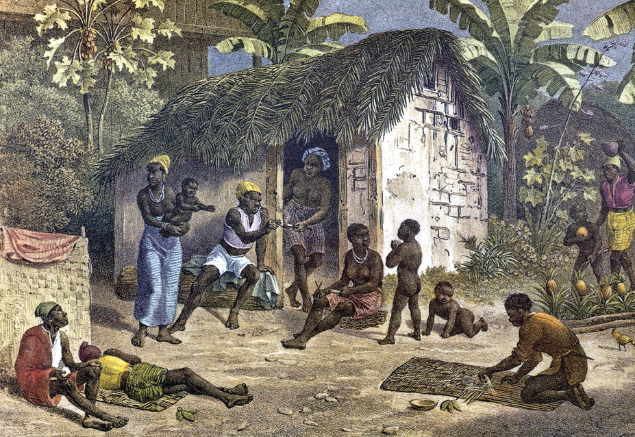 Pintura. O quatro mostra alguns  escravos em frente a uma casa. À esquerda, dois homens negros sentados no chão. Ao lado, uma mulher negra com turbante na cabeça está segurando uma criança no colo. Ao lado dela, uma mulher negra sentada, encostada em uma casa feita de barro e telhado de palha. Centralizadas na imagem, uma mulher negra em pé na porta da casa e outra mulher negra sentada próxima à porta, olhando para duas crianças. À direita, um homem negro está de joelhos no chão. Atrás, dois homens negros colhendo frutas de uma árvore. Ao fundo, alguns coqueiros e  vegetação.