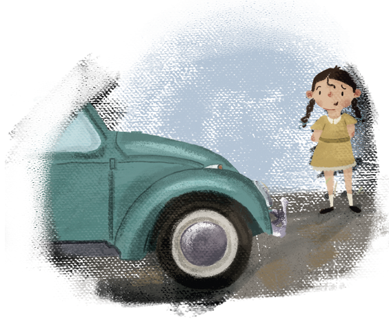Ilustração. À esquerda, um fusca azul. Ao lado, uma menina com cabelos em duas tranças, usando vestido. Ela está de pé em uma estrada, olhando para o fusca. Ao fundo, céu azul.