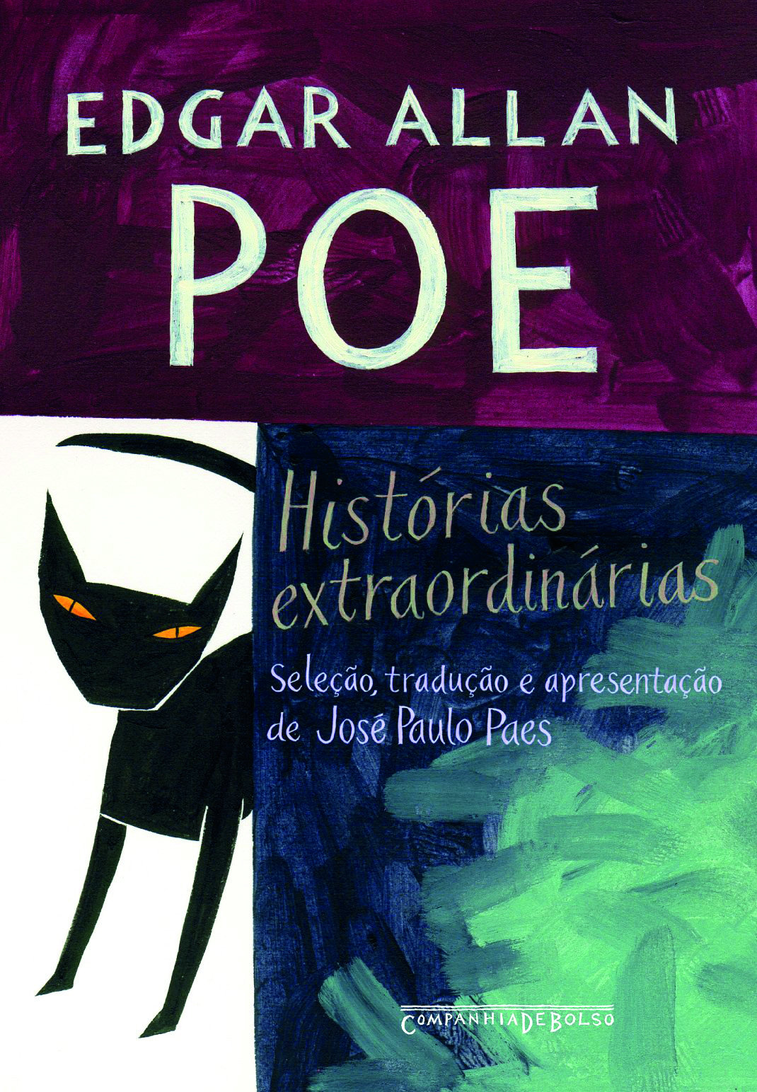 Fotografia. Reprodução de capa de livro. Na parte superior, sobre uma tarja roxa semelhante a uma aquarela, o nome do autor: 'EDGAR ALLAN POE'. Abaixo, sobre fundo azul semelhante a uma aquarela, o título: 'Histórias extraordinárias'. À esquerda, sobre fundo branco, ilustração de um gato preto de olhos amarelos e longa cauda arqueada sobre a cabeça, com as patas anteriores estendidas apoiadas no chão. Esta figura felina, contudo, não tem bigodes.