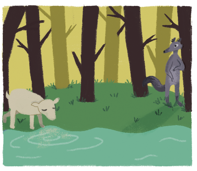 Ilustração. Representação de fábula. À esquerda, um cordeiro bege bebe a água de um rio. Próximo dele (mas rio acima), um lobo está em pé como uma pessoa. Ele está com a cabeça voltada para o cordeiro. Ao fundo, cenário de floresta, com terreno coberto de vegetação e diversas árvores de troncos espessos, sem que apareçam suas copas.