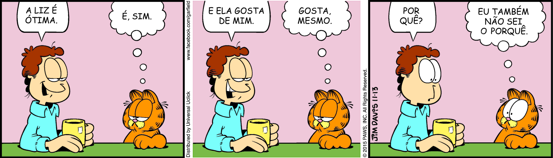 Tirinha de história em quadrinhos em três cenas. Personagens: Jon, um homem de cabelos castanhos ondulados, usando camisa azul. Garfield, um gato amarelo rajado de preto, preguiçoso e volumoso. Cena 1. Jon expressa um meio-sorriso, apoiando um dos braços sobre a mesa e segura uma xícara amarela com a outra mão, que também está apoiada sobre a mesa, e diz a Garfield: 'A LIZ É ÓTIMA.' Diante de Jon, Garfield espelha a pose dele, com uma das patas sobre a mesa, com os olhos quase fechados, voltado para Jon, e em um balão de pensamento responde a ele: 'É ,SIM.'. Cena 2. Jon ainda expressa um meio-sorriso dizendo: 'E ELA GOSTA DE MIM.', e Garfield, em um balão de pensamento, responde a ele: 'GOSTA, MESMO.'. Cena 3. Jon subitamente fica com expressão séria, de olhos arregalados e pergunta: 'POR QUÊ?', Diante dele, Garfield na mesma pose, agora também de olhos arregalados, expressando espanto, em um balão de pensamento, responde a ele: 'EU TAMBÉM NÃO SEI O PORQUÊ.'.