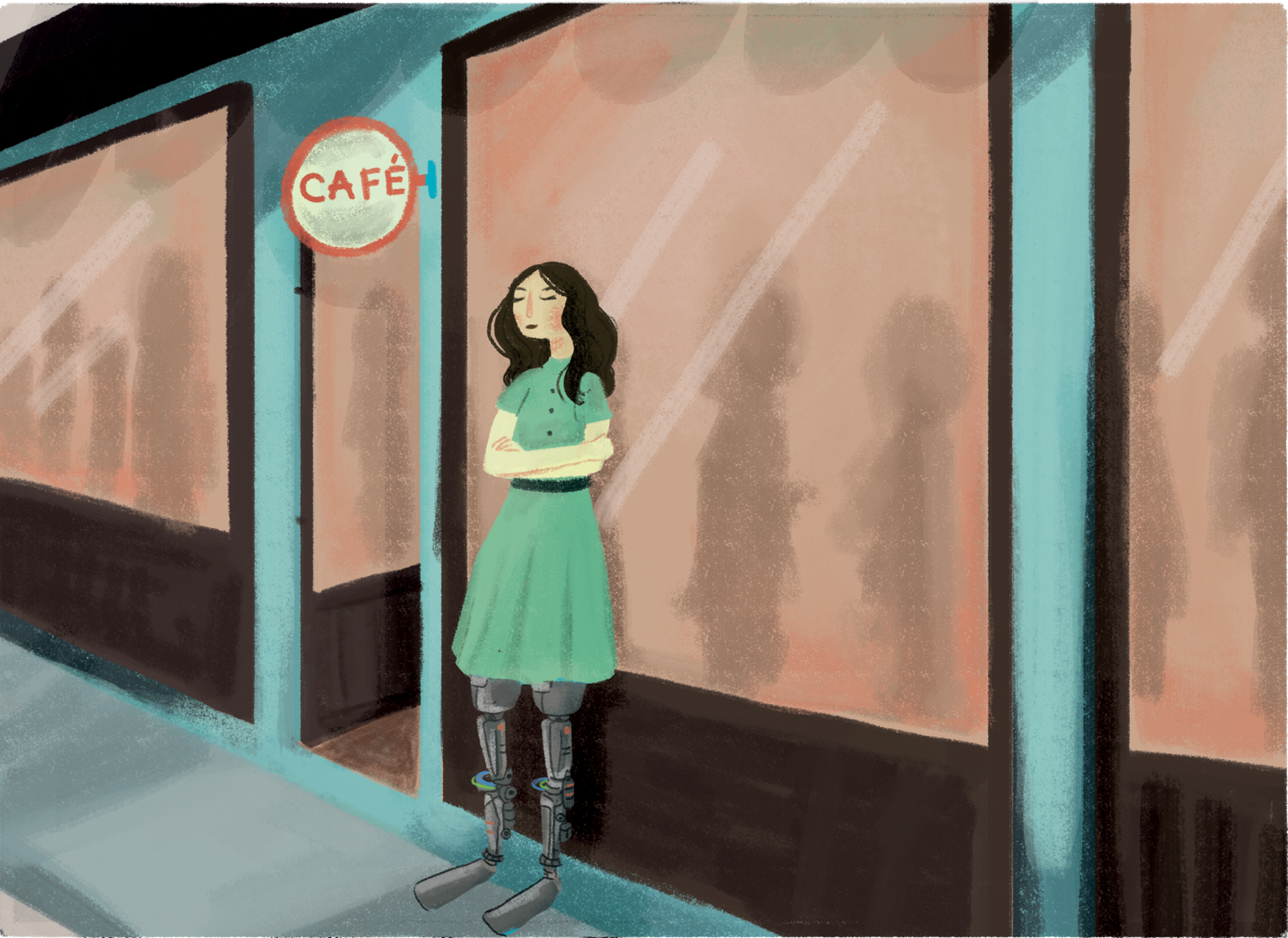 Ilustração. Uma mulher de cabelos pretos, usando vestido verde, que tem duas próteses de metal em lugar das pernas está em pé de braços cruzados em uma calçada. Ela está em frente a uma loja com a placa 'CAFÉ', de costas para a vitrine. Dentro da loja há silhuetas de diversas pessoas em pé conversando.