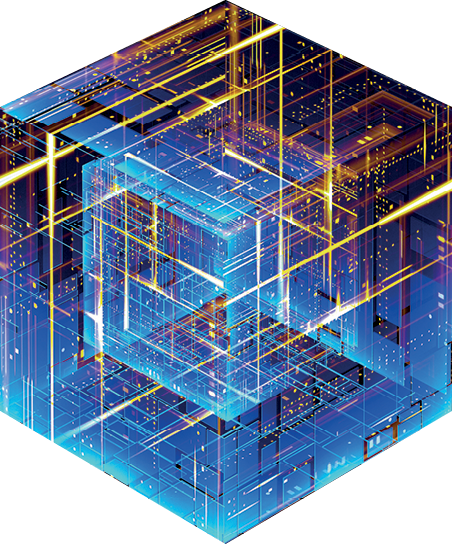 Ilustração. Um cubo azul desenhado em perspectiva, com um outro cubo menor interno. Atravessando esses cubos há diversas linhas amarelas e brancas.