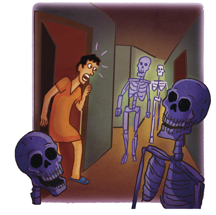 Ilustração. Um homem de pijama laranja está em pé junto a uma porta aberta para um corredor. Ele está de boca aberta e de olhos arregalados. Há, também no corredor, quatro esqueletos em tons de roxo.