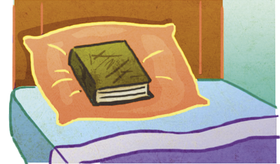Ilustração. Um livro espesso de capa dura marrom está em cima de um travesseiro envolto em uma fronha laranja, apoiado na cabeceira de uma cama que está arrumada com lençóis de cores azul e lilás.