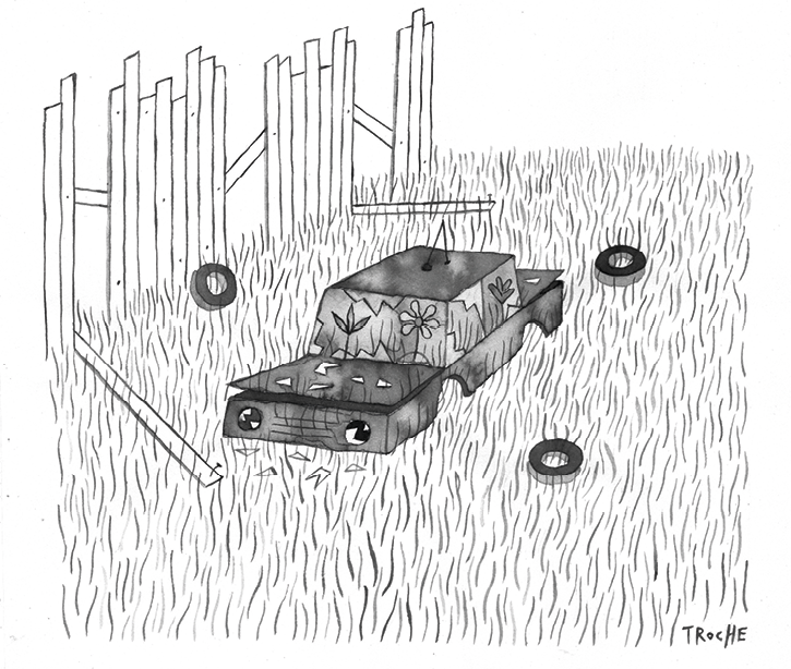 Ilustração em preto e branco. Carro abandonado e danificado em um terreno baldio com fragmentos de uma cerca arruinada em um dos lados. O carro tem vidros e faróis quebrados, está sem as rodas e há alguns pneus à volta. A vegetação alta cresce no interior da carroceria e em volta.