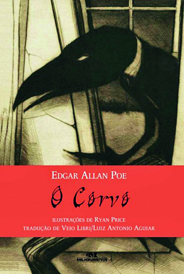 Fotografia. Reprodução de capa de livro. Sobre uma tarja laranja à meia altura, o nome do autor: 'Edgar Allan Poe', abaixo do qual, na mesma tarja, o título: 'O CORVO'. Ao fundo, ilustração em preto e branco de tom amarelado de um corvo, que está pousado no umbral/na soleira de uma porta, com uma das asas colocada em um dos batentes. O corvo representado tem um olho branco, e parece ter uma faixa branca em torno do pescoço, disposta como um colar.