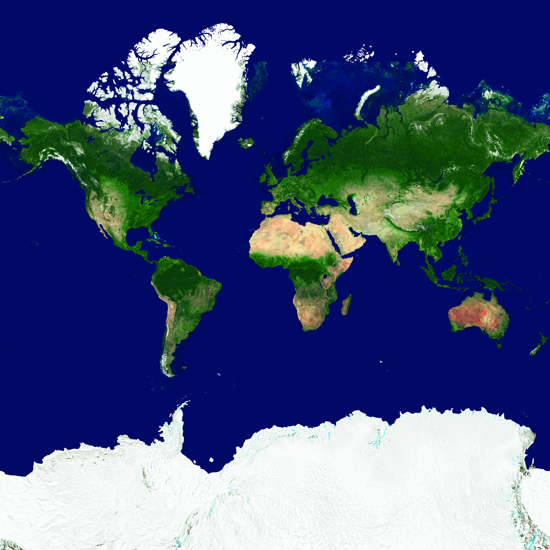 Mapa. Planificação do globo terrestre, representando os continentes nas cores verde (áreas com vegetação) e marrom (áreas áridas e desérticas). Nas partes superior e inferior, os polos norte e sul, que são cobertos de gelo, são representados em branco, e o oceano é representado em azul.