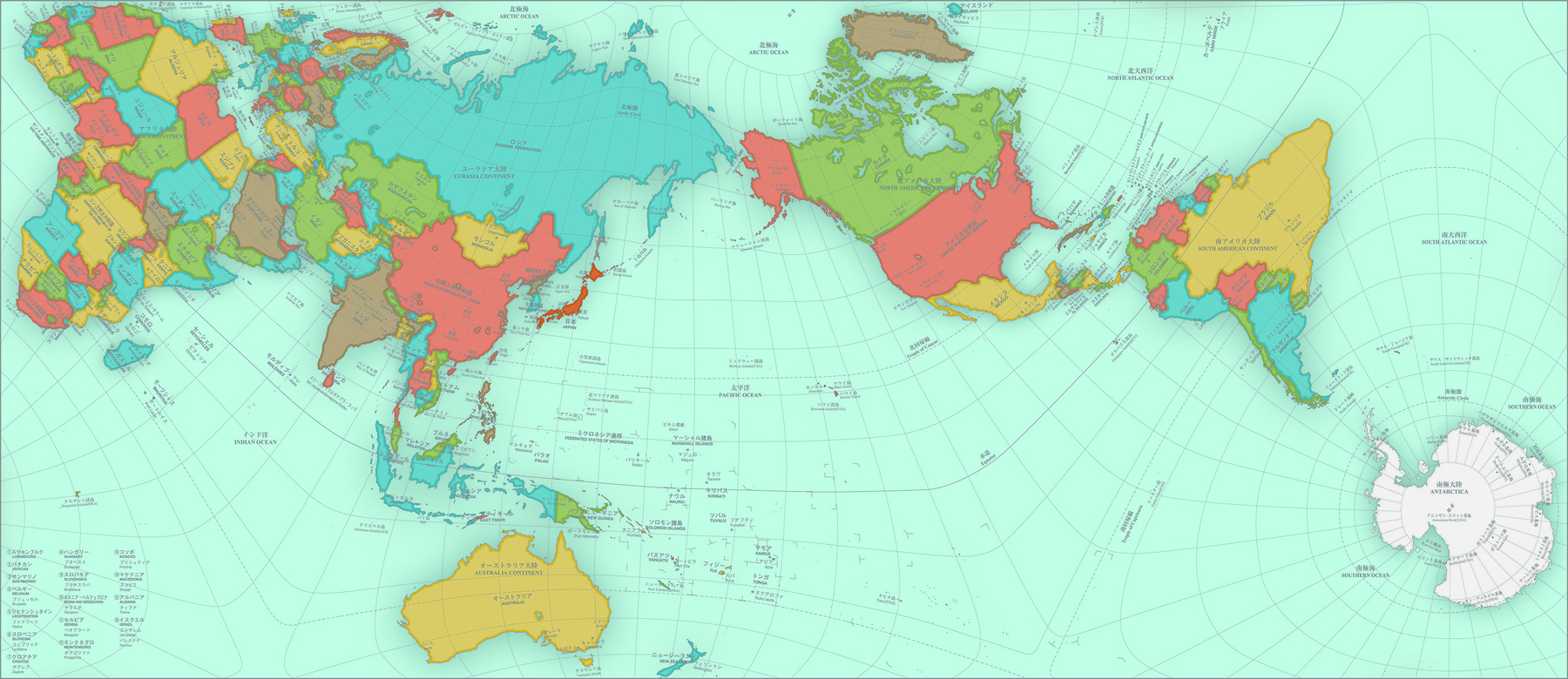 Mapa. Mapa-múndi político. Nesta projeção, em que o círculo polar antártico é disposto à direita de todas as áreas continentais, as extensões territoriais estão representadas em proporção.