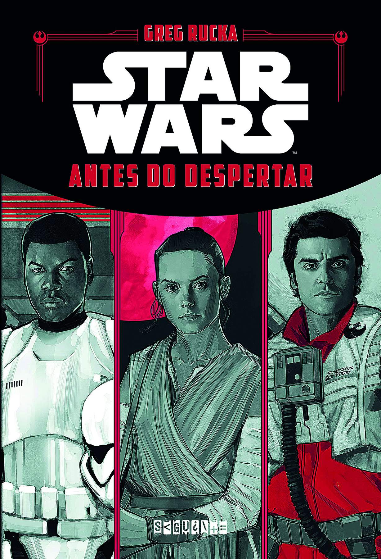 Fotografia de capa de livro. Na parte superior, o nome do autor: 'GREG RUCKA'. Abaixo, o título: STAR WARS: ANTES DO DESPERTAR. No centro, ilustração de três personagens; da esquerda para a direita: um homem negro usando uma armadura branca, com diversos pequenos compartimentos em torno do cinturão e capacete também brancos, segurando este último ao lado do corpo. Uma mulher de cabelos presos, com trajes semelhantes a um manto ou túnica, presos por um cinturão. Um homem de cabelos pretos usando roupa vermelha com um colete com um pequeno emblema, no qual parece haver um equipamento semelhante ao de pilotos de combate.