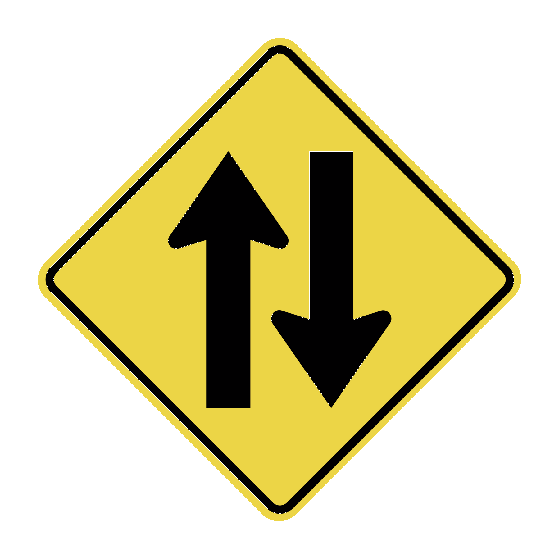 Ilustração. Reprodução de uma placa de trânsito em forma de losango equilátero de fundo amarelo contornado de preto com duas setas espessas pretas dispostas lado a lado, uma para cima e outra para baixo.