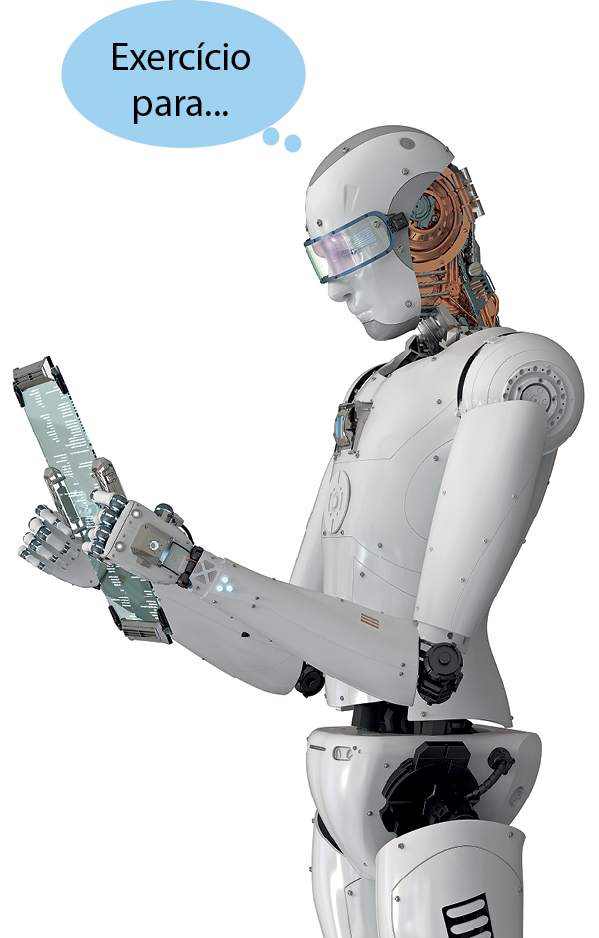 Ilustração. Um androide branco, robô de aparência humana, olhando um dispositivo semelhante a um tablet, que segura com ambas as mãos. Em um balão de pensamento, as palavras: 'Exercício para...'