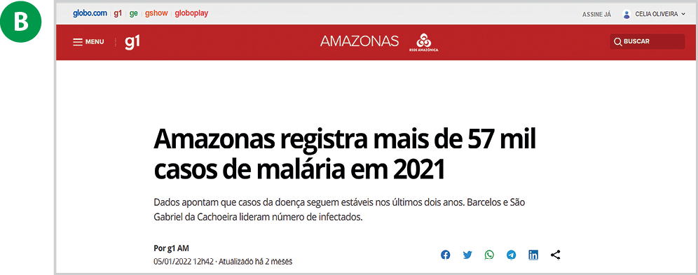 Fotografia. Reprodução de página de internet B. Na parte superior, título do site: 'g1'. Abaixo, manchete com o texto: 'Amazonas registra mais de 57 mil casos de malária em 2021'.