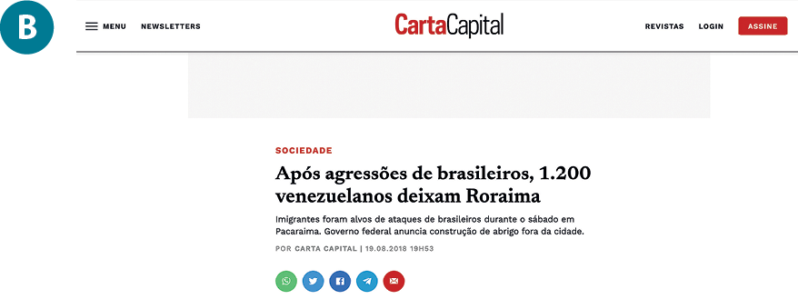 Fotografia. Reprodução de página de internet B. Acima, o título do site: 'Carta Capital'. Abaixo, a manchete: 'Após agressões de brasileiros, 1.200 venezuelanos deixam Roraima'.