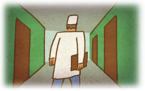 Ilustração. um homem de touca e jaleco brancos segurando uma prancheta em uma das mãos junto ao corpo, caracterizado como um cientista, está de costas e caminha por um corredor de paredes verdes com diversas portas marrons.