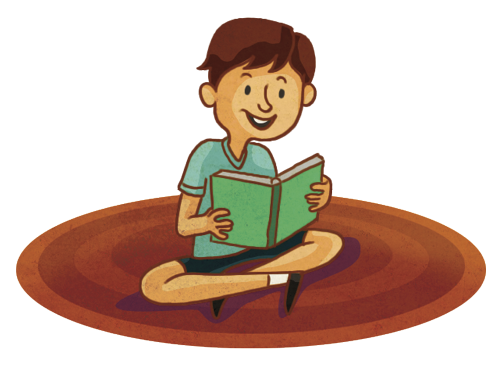 Ilustração. Um menino de cabelos castanhos, usando camiseta verde e calção preto está sentado de pernas cruzadas em um tapete castanho redondo, segurando um livro aberto de capa verde. Ele sorri enquanto olha para o livro.