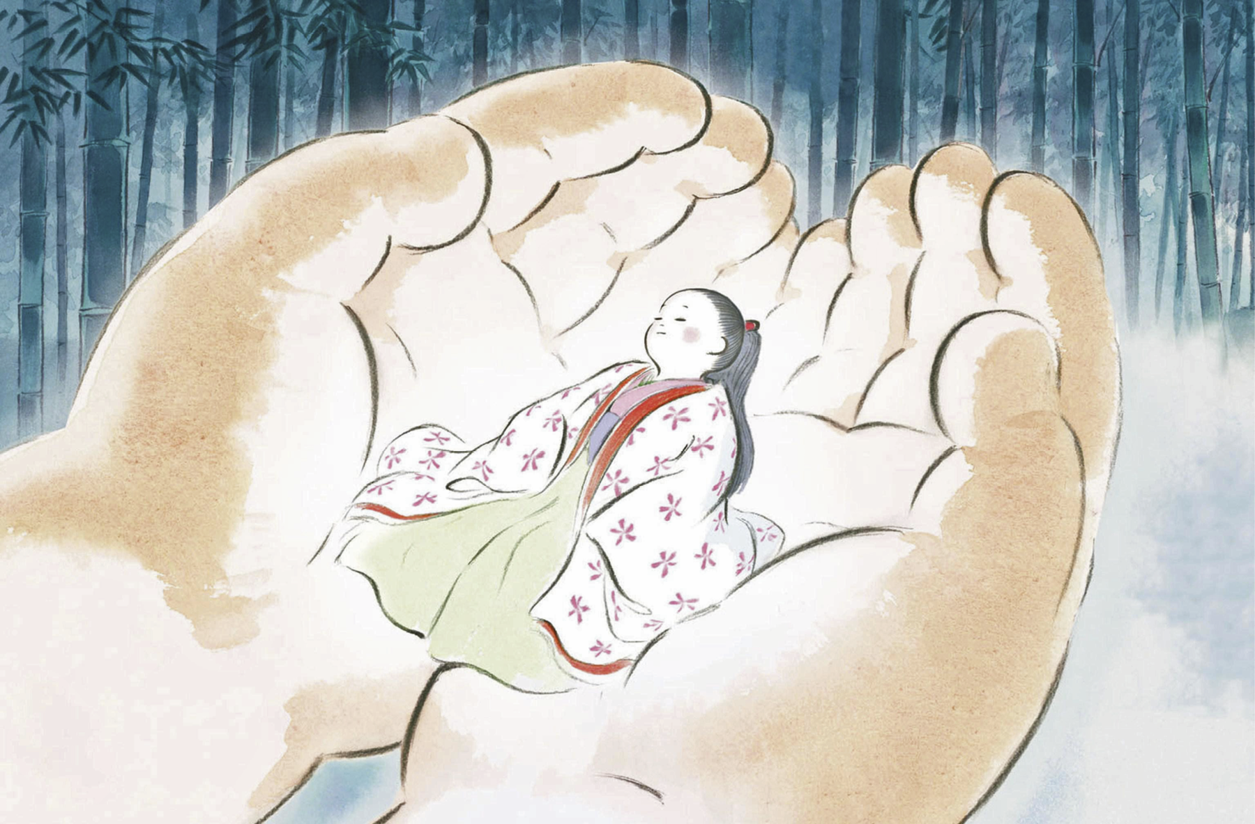 Ilustração. Uma menina vestindo um quimono branco florido de bordas vermelhas sobre outro traje longo verde-água de gola rosa e com uma faixa lilás em torno da cintura. Ela tem a face muito alva, com a bochecha corada, tem longos cabelos pretos presos atrás da cabeça por uma presilha vermelha, e está de olhos fechados aconchegada nas duas mãos de uma pessoa, que parece iluminada pela personagem. Ao fundo, diversos caules de bambus.