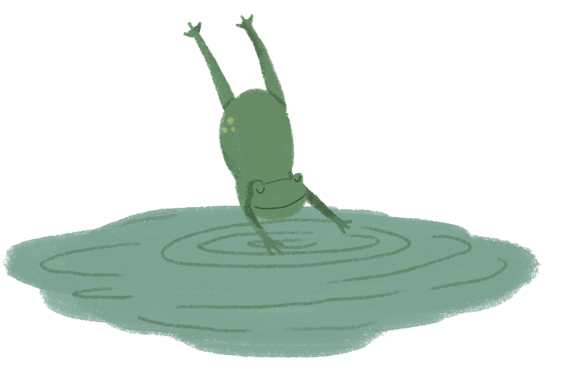 Ilustração. Uma rã verde  pulando em uma lagoa.