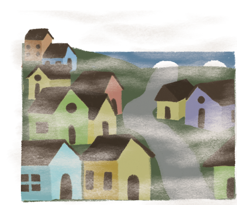 Ilustração. Cenário urbano enevoado no qual há uma rua colina acima, e de ambos os lados, pequenas casas coloridas.