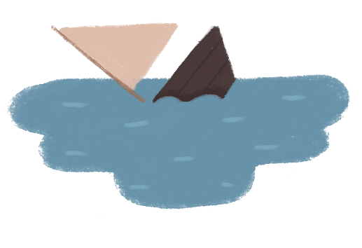 Ilustração. Uma mancha azulada com traços mais claros representando água com ondulações na superfície, sobre a qual há um triângulo rosa unido a um traço marrom-claro e um trapézio marrom-escuro, figuras que representam respectivamente a vela presa ao mastro e o casco de um barco que afunda na água, quase indo a pique.