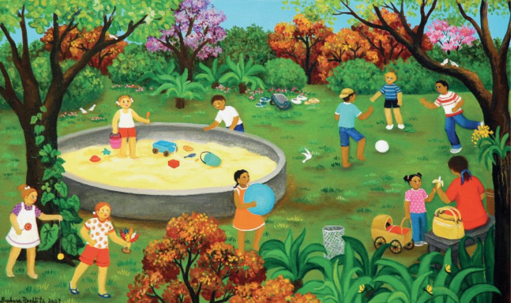 Imagem: Pintura. Em um parque com grama, arbustos, flores e árvores, muitas crianças brincam. Ao centro, há um banco de areia onde com brinquedos e onde estão uma menina de pé e um menino próximo do lado de fora. Ao redor, uma menina brinca de bola, outra segura uma peteca e uma terceira segura pirulito e brinca de ioiô. Do lado direito, três meninos jogam bola e uma mulher está sentada em um banco ao lado de bolsas e oferece uma banana para uma menina que puxa um carrinho.  Fim da imagem.