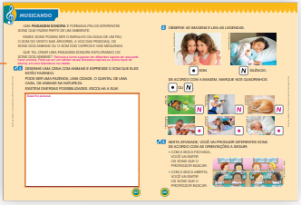 Imagem: Ilustração. Exemplifica como será a seção Musicando. Página dupla composta por textos e imagens. Fim da imagem.