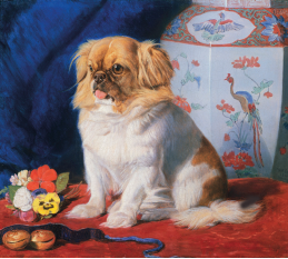 Imagem: Pintura. Sobre uma superfície vermelha, um cachorro de pequeno porte sentado, pelagem lisa branca e bege e focinho marrom-escuro. Ele está ao lado de um pequeno ramo de flores e um brinquedo.  Fim da imagem.