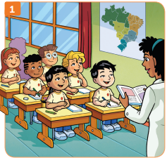 Imagem: Ilustração 1. Na sala de aula, a professora está diante dos alunos sentados em suas carteiras. Ela segura um livro aberto e os alunos a observam. Fim da imagem.