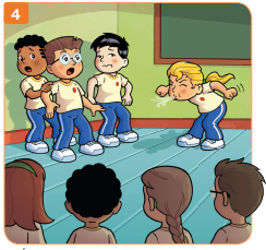 Imagem: Ilustração 4. Na sala de aula, diante da lousa, quatro alunos se apresentam. Uma menina assopra com força na direção de três meninos acuados à sua frente.  Fim da imagem.