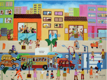 Imagem: Pintura. Destaque de uma área urbana com muitas cores.  Em primeiro plano, há diversas pessoas na calçada, entre elas pedestres, pessoas paradas conversando, gari e crianças uniformizadas.  Também há postes de iluminação, orelhão, planta e o farol.  Na via, o semáforo está fechado, pessoas atravessam a rua sobre a faixa, crianças fazem malabares diante dos carros, moto e ônibus, que está lotado. Do outro lado da calçada, também há pedestres, orelhões, plantas e uma lixeira. Ao fundo, estabelecimentos comerciais e residenciais, com alguns moradores. E no horizonte, mais prédios.  Fim da imagem.