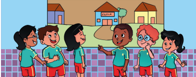 Imagem: Ilustração. Um grupo de seis crianças uniformizadas de pé conversa e sorri. Ao fundo, casas e a escola.  Fim da imagem.