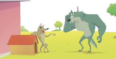 Imagem: Ilustração. Em um quintal verde com árvores, um cachorro e um grande lobo personificados estão frente a frente. O cachorro está encostado em sua casinha e gesticula e o lobo o observa. Fim da imagem.