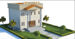 Imagem: Ilustração. Um prédio amplo com a indicação “BIBLIOTECA” na fachada. Fim da imagem.