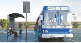 Imagem: Ilustração. Um ponto de ônibus coberto com placa e algumas pessoas. Um ônibus está parado no local.  Fim da imagem.